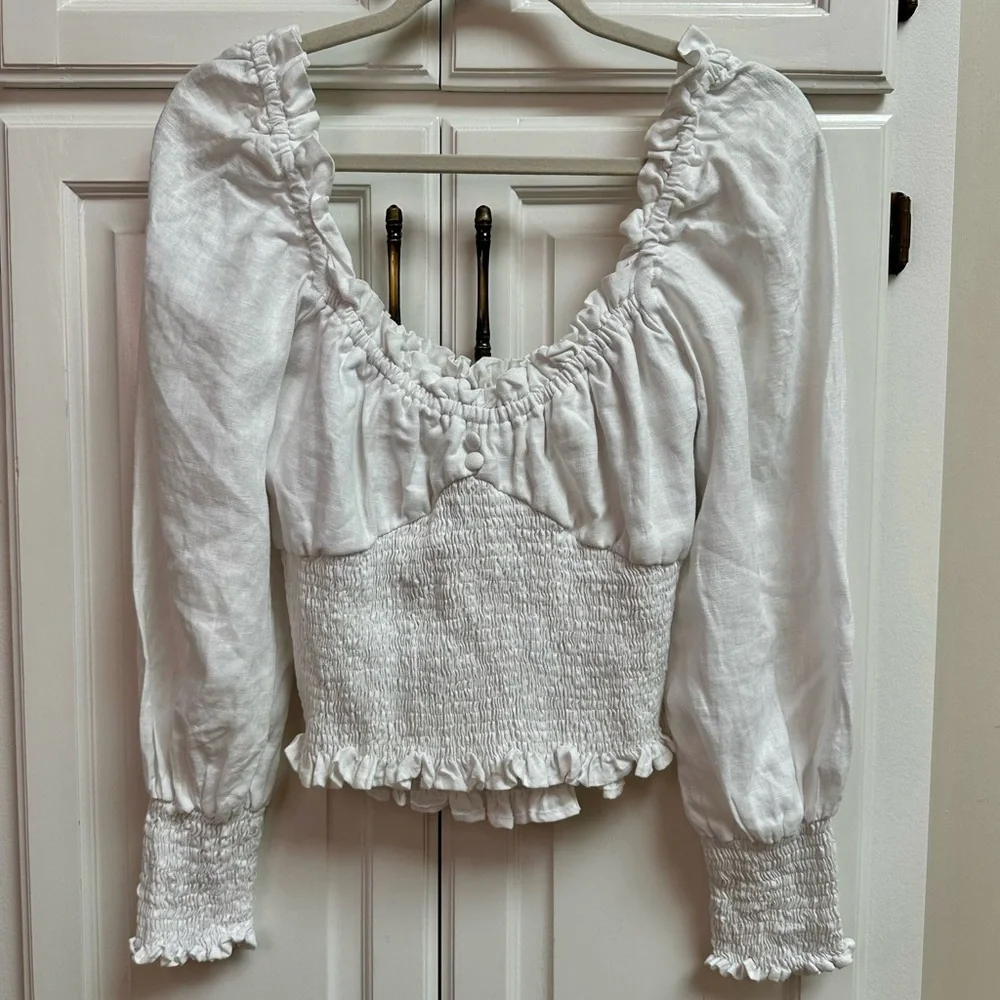 NWT Faithfull the Brand Bel Rose Puff Sleeve Linen Top White Size 10